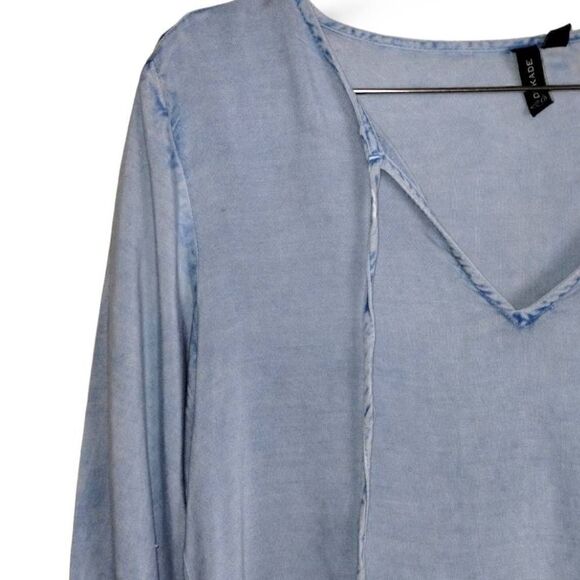 D8Kade Women's Dress Blue Chambray LS Fit Flare V-neck Tie Knee Length Sz Small - Picture 3 of 9